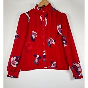 VIntage Contempo of California Red Floral Blouse 6P Ruffle Collar 80s Secretary